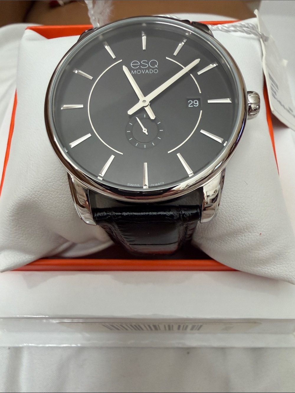 Movado ESQ black watch in box never worn, needs battery.